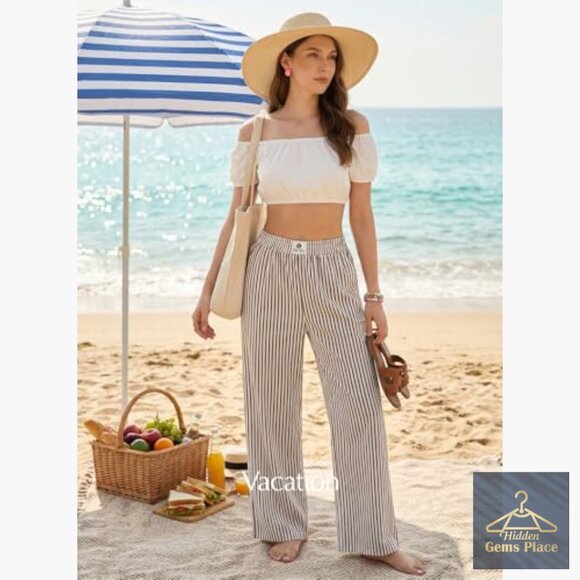 Lightweight Striped Pajama Pants High Waist Wide Leg Lounge Bottoms - Picture 6 of 7